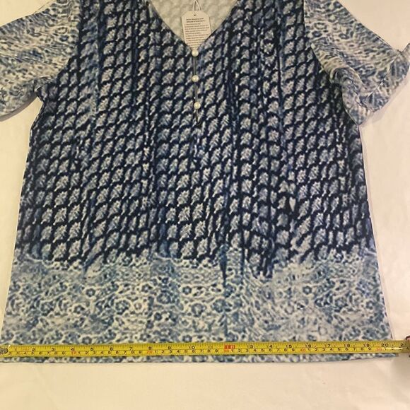 Browwin Blue Short Sleeve Print Top Cold Shoulder Size Large NWT NIB - Picture 7 of 8